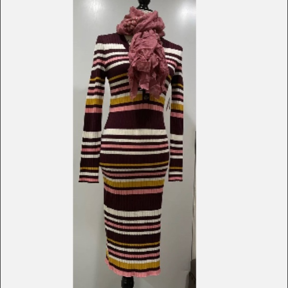 Love Always By FCT Women’s Dress Striped Below Knee and V Neck Long Sleeves